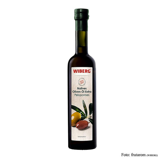 500 ml fles van Wiberg extra olijfolie van eerste persing, koudgeperst, afkomstig uit Peloponnesos