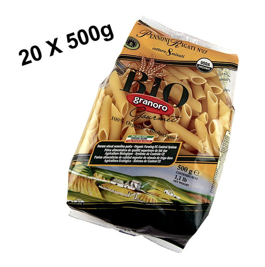 Pasta Granoro, Pennee Rigati No 43, BIO, 10 kg, 20 x 500g: biologische volkoren pasta in verpakking van 20 zakjes van 500 gram