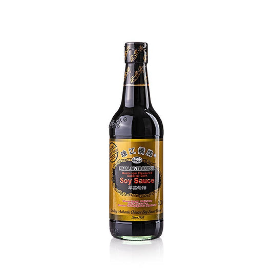 Sojasaus - Shoyu, Pearl River Bridge, donker, met champignons, China, 500 ml - traditionele donkere Chinese sojasaus verrijkt met champignons, 500 ml fles