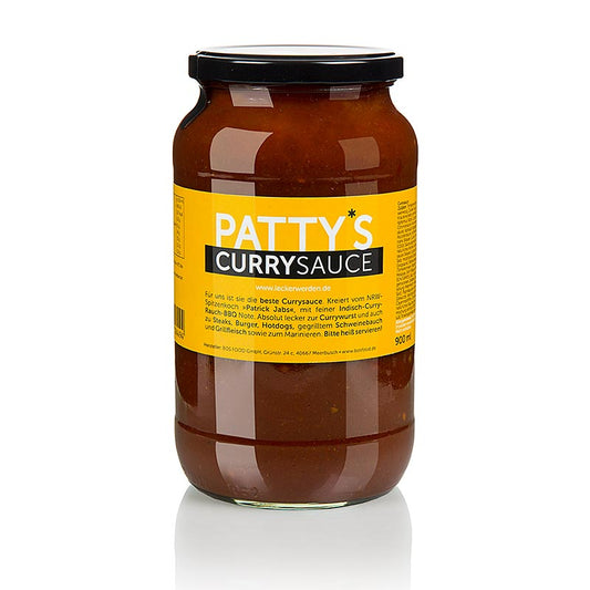 Glazen fles van 900 ml met Patty's kerriesaus, een heerlijke saus gemaakt door Patrick Jabs