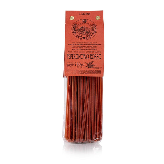 Morelli 1860 Linguine, met rode chili & tarwekiemen, 250 g - heerlijke Italiaanse pasta verrijkt met pittige rode chili en gezonde tarwekiemen