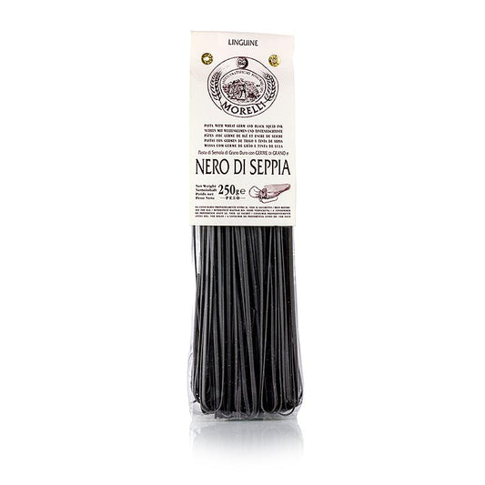 Linguine van Morelli 1860, gemaakt van tarwe en verrijkt met zwarte sepia-inktvisinkt, 250 g