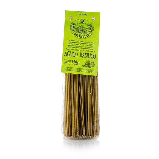 Morelli 1860 Linguine, met knoflook, basilicum & tarwekiemen, 250 g - ambachtelijke Italiaanse pasta van durumtarwe, verrijkt met aromatische knoflook, verse basilicum en gezonde tarwekiemen