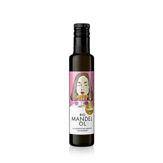 Afbeelding van een fles biologische koudgeperste amandelolie van Fandler, gemaakt van geroosterde amandelen, met een inhoud van 250 ml