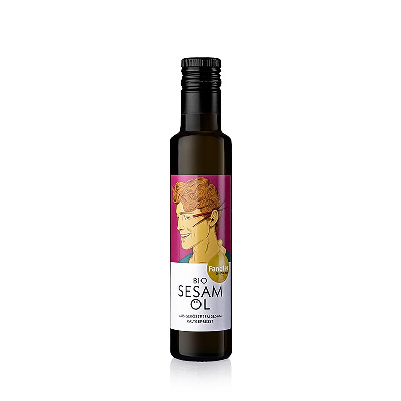 Koudgeperste biologische Sesamolie van het merk Fandler, verkrijgbaar in een fles van 250 ml