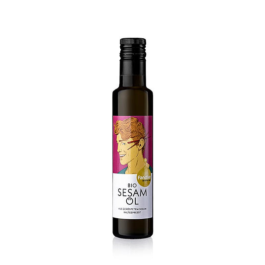 Koudgeperste biologische Sesamolie van het merk Fandler, verkrijgbaar in een fles van 250 ml