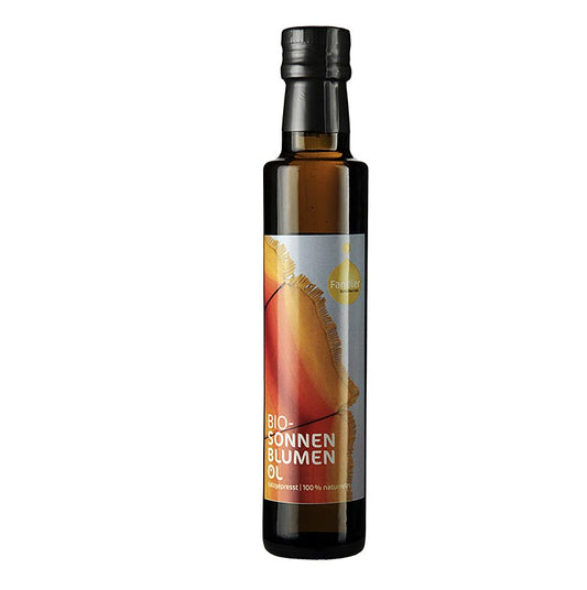 Zonnebloemolie van Fandler, biologisch en koudgeperst, in een fles van 250 ml