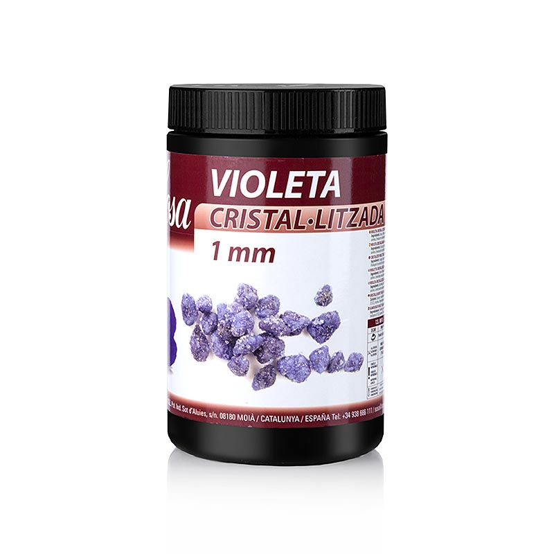 Sosa gekristalliseerde violet bloemstukjes, violet, 1mm stukjes, 500 g - Een afbeelding van Sosa gekristalliseerde violette bloemstukjes van 1 mm, verpakt in een zak van 500 g