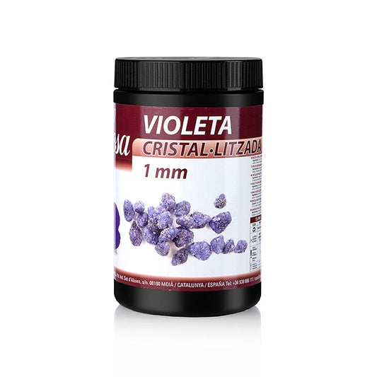 Sosa gekristalliseerde violet bloemstukjes, violet, 1mm stukjes, 500 g - Een afbeelding van Sosa gekristalliseerde violette bloemstukjes van 1 mm, verpakt in een zak van 500 g