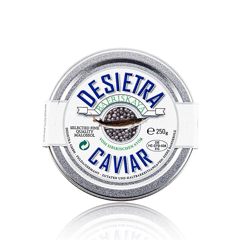 Premium quality Desietra Baeriskaya kaviaar (Acipenser baerii) sourced from sustainable aquaculture in Germany, 250 g