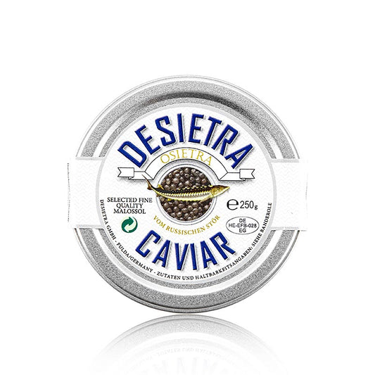 Premium Osietra caviar from Acipenser gueldenstaedtii, sustainably produced in Germany, 250 g
