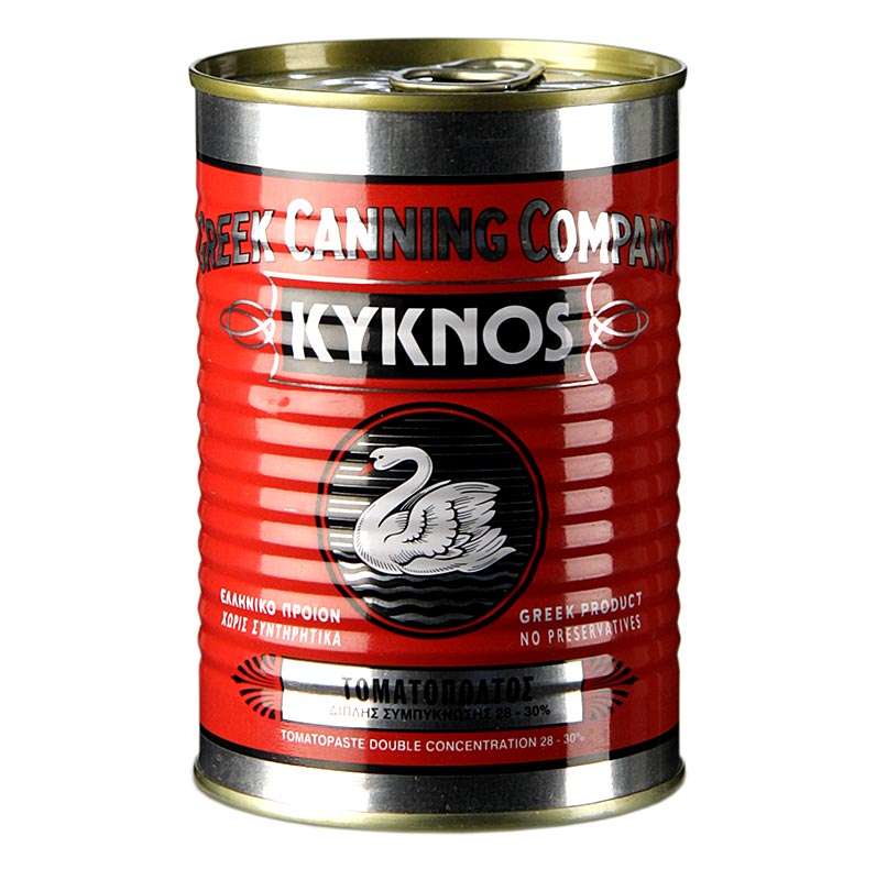 Tomatenpuree van het Griekse merk Kyknos, dubbel geconcentreerd met minstens 28% tomaten, in een blik van 410 g