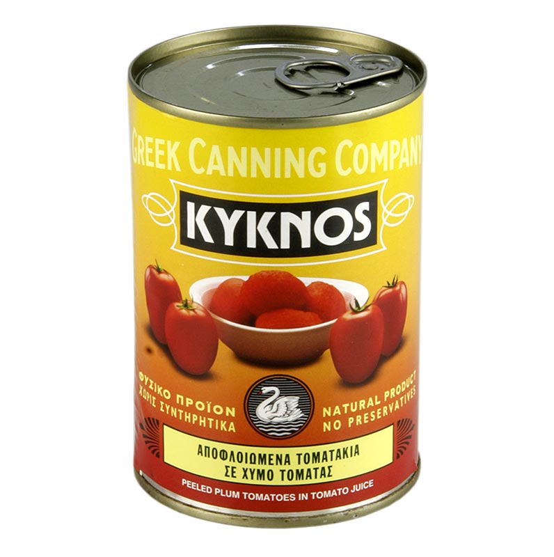 Gepelde tomaten in blik van 400 g, van het merk Kyknos, afkomstig uit Griekenland