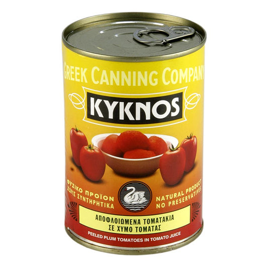Gepelde tomaten in blik van 400 g, van het merk Kyknos, afkomstig uit Griekenland