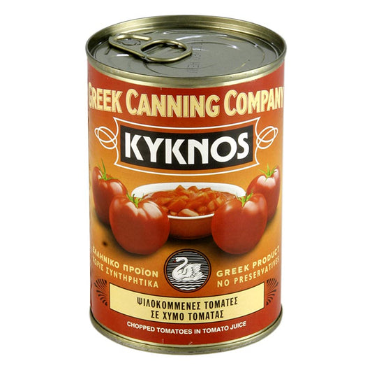 Tomatenblokjes van het merk Kyknos uit Griekenland, 400 g, perfect voor heerlijke mediterrane gerechten