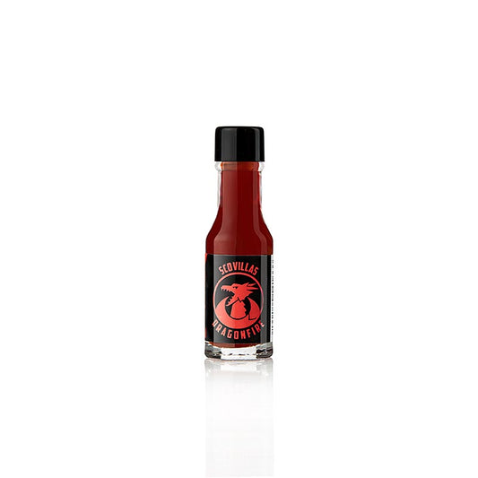 Scovilla Dragonfire, Extreme Hete Saus, Mini, met meer dan 100000 Scoville, 3 ml - Een kleine fles met extreem hete saus van Scovilla Dragonfire, met meer dan 100000 Scoville, perfect voor het toevoegen van een intense hitte aan je favoriete gerechten