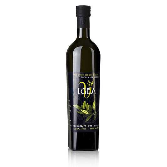 Biologische extra vierge olijfolie van eerste persing, 790 ml fles, geproduceerd op Villa Igea, Ponte del Giglio