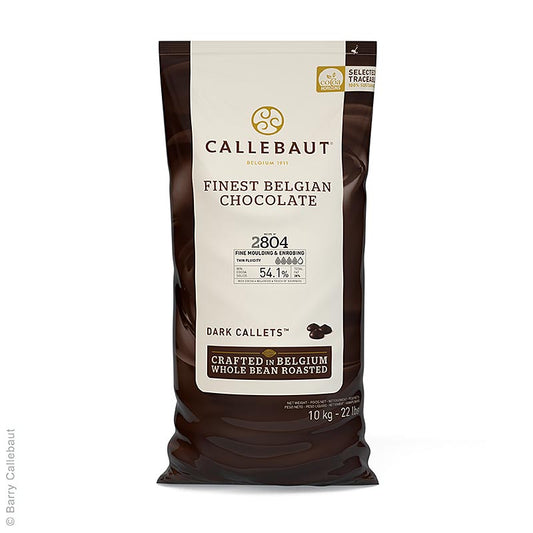 Zak met 10 kg dunne vloeibare zwarte chocolade callets met 54% cacao