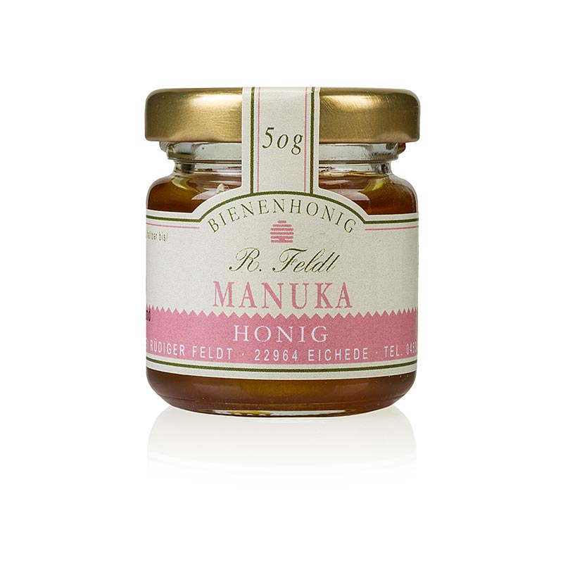Organic dark and strong 50 g portion pot of New Zealand Manuka honey (tea tree) in liquid form