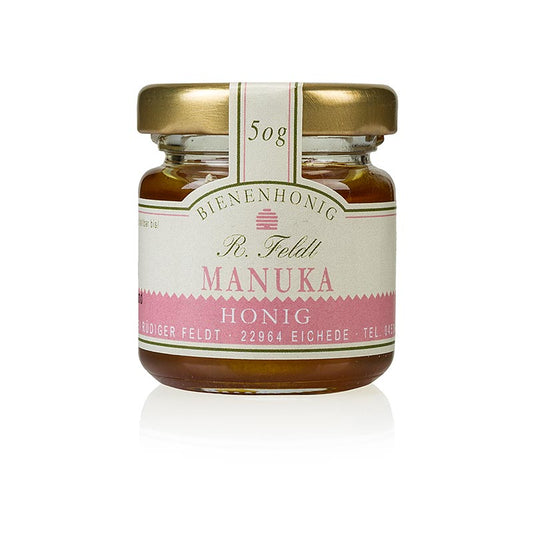 Manuka-honing (theeboom), Nieuw-Zeeland, donker, vloeibaar, krachtig, portieglas, 50 g