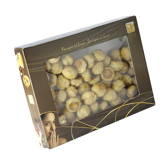 Soesjes, mini, voor professionele rol, ø 4,5cm, DV Foods, 180 g, 60 stuks - Een afbeelding van een verpakking met 60 stuks mini soesjes van het merk DV Foods, ideaal voor professioneel gebruik met een diameter van 4,5 cm en een gewicht van 180 g