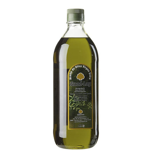 Extra olijfolie van eerste persing, Aceites Guadalentin Guad Lay, 100% Picual, 1 liter - een fles van 1 liter met hoogwaardige olijfolie van eerste persing, geproduceerd door Aceites Guadalentin Guad Lay en gemaakt van 100% Picual olijven