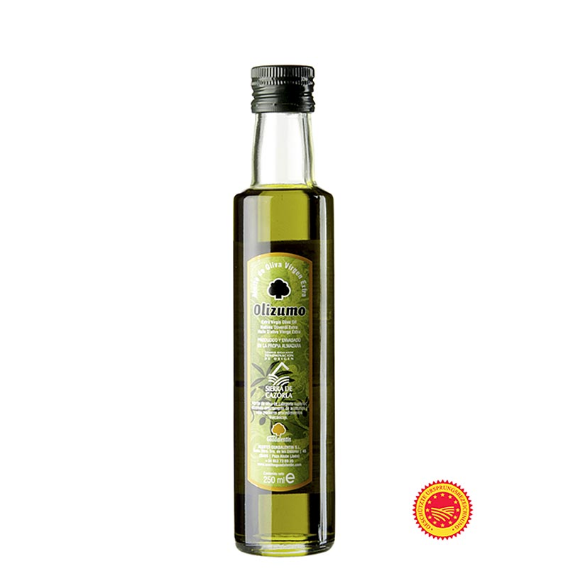 Extra olijfolie van eerste persing, Aceites Guadalentin Olizumo DOP/BOB, 100% Picual, 250 ml - Afbeelding van fles olijfolie van hoge kwaliteit uit Spanje