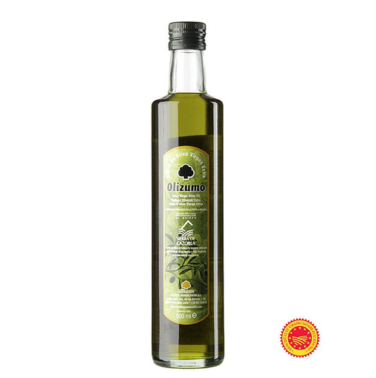 Extra vierge olijfolie van eerste persing, Aceites Guadalentin Olizumo DOP/BOB, gemaakt van 100% Picual olijven, verpakt in een fles van 500 ml