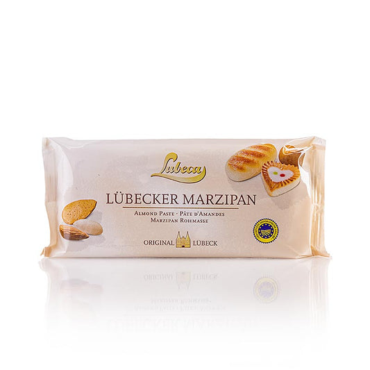 200 gram verpakking van Lubeca raw marsepein met 52% mediterrane amandelen