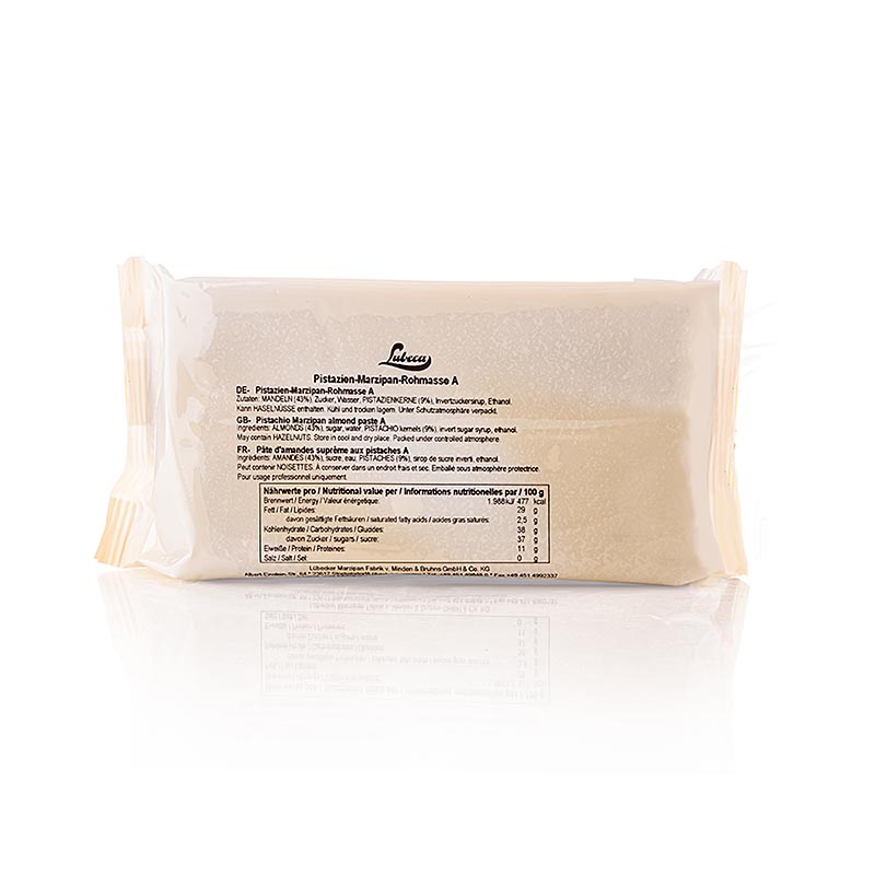 Verse pistache marsepein met 43% mediterrane amandelen en 9% pistachenoten van Lubeca, verpakt in een 1 kg verpakking