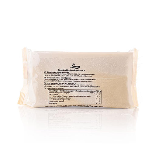 Verse pistache marsepein met 43% mediterrane amandelen en 9% pistachenoten van Lubeca, verpakt in een 1 kg verpakking