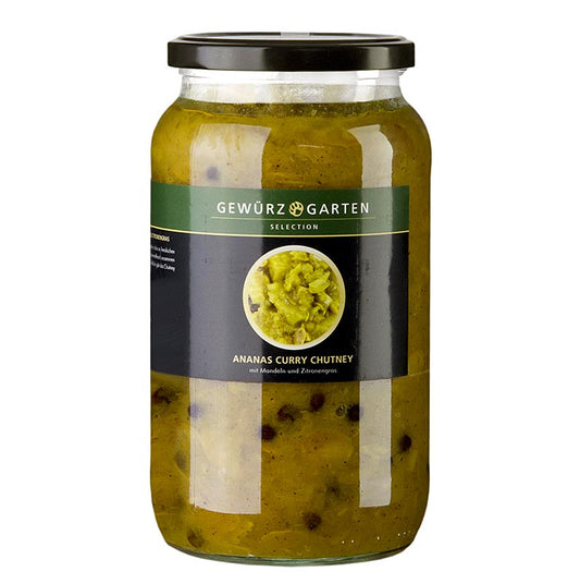 Gewürzgarten ananas kerrie chutney, met amandelen, vlierbloesem en citroengras, 900 ml - heerlijke en exotische chutney met ananas, amandelen, vlierbloesem en citroengras in een fles van 900 ml