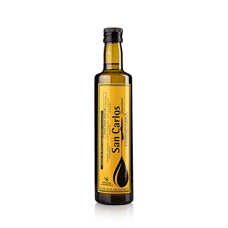 500 ml bottle of Pago Baldios San Carlos Gourmet 100% Cornicabra extra virgin olive oil, first cold pressed, perfect for enhancing gourmet dishes and adding rich, fruity flavor