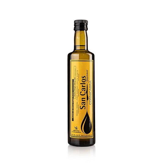 500 ml bottle of Pago Baldios San Carlos Gourmet 100% Cornicabra extra virgin olive oil, first cold pressed, perfect for enhancing gourmet dishes and adding rich, fruity flavor
