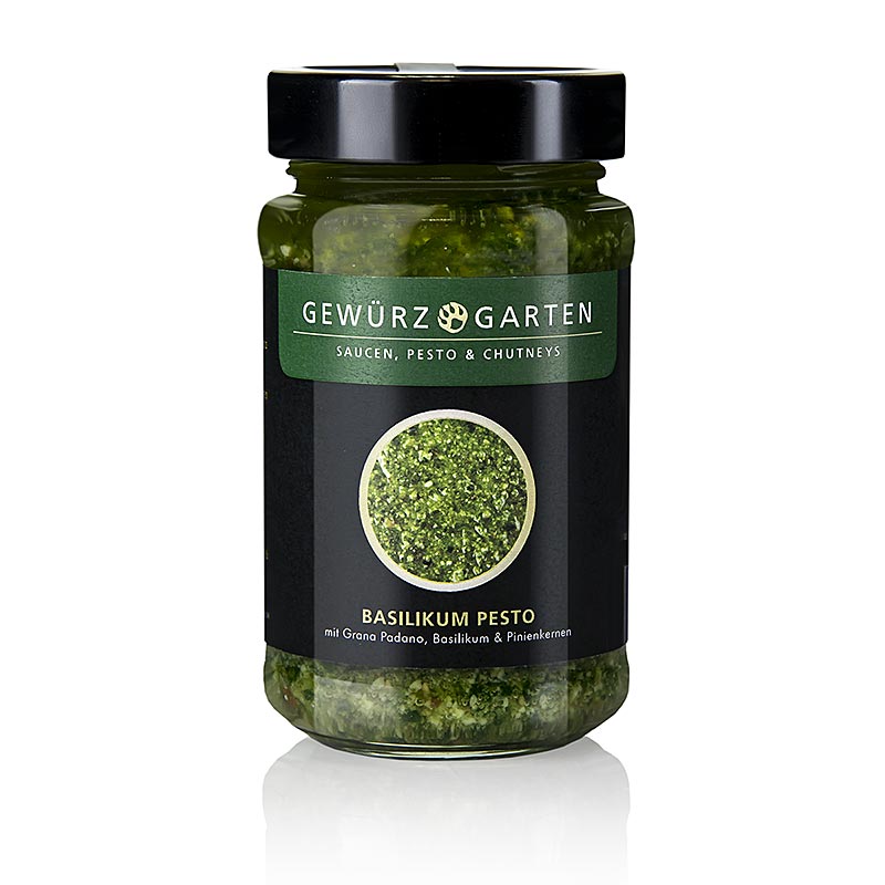 Gewürzgarten basilicumpesto, gemaakt met verse basilicum, geroosterde pijnboompitten en Grana Padano kaas, verpakt in een fles van 225 ml