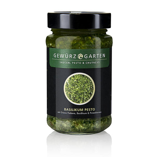 Gewürzgarten basilicumpesto, gemaakt met verse basilicum, geroosterde pijnboompitten en Grana Padano kaas, verpakt in een fles van 225 ml