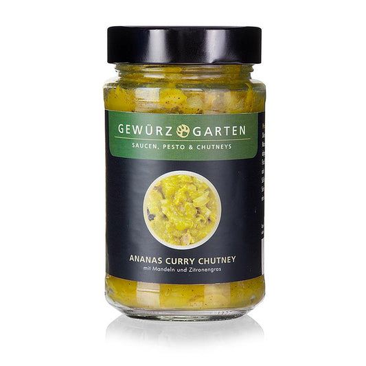 Gewürzgarten ananas kerrie chutney, met amandelen, vlierbloesem en citroengras, 225 ml - heerlijke exotische chutney met ananas, amandelen, vlierbloesem en citroengras, perfect voor het verrijken van gerechten, 225 ml fles