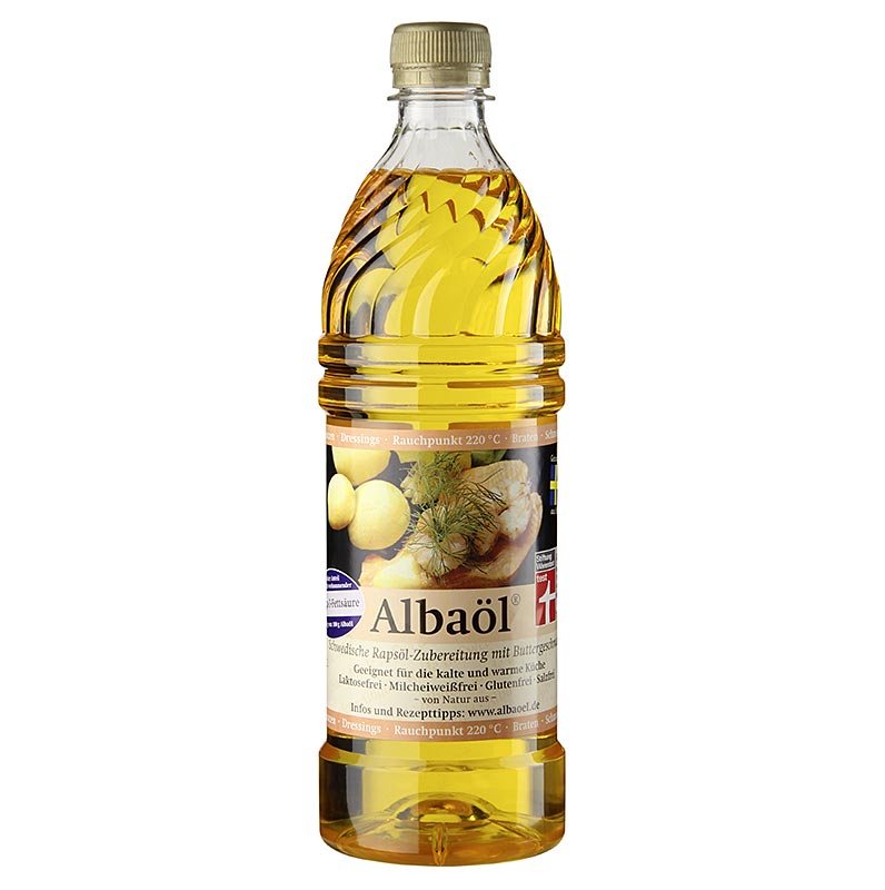 750 ml fles Albaöl©, een product uit Zweden dat raapzaadolie met botersmaak bereidt