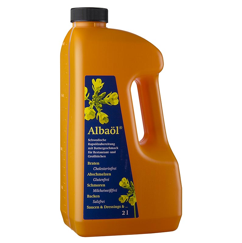 Albaöl© - Bereiding van raapzaadolie met botersmaak, Zweden, 2 l - Een fles van 2 liter Albaöl raapzaadolie met botersmaak uit Zweden
