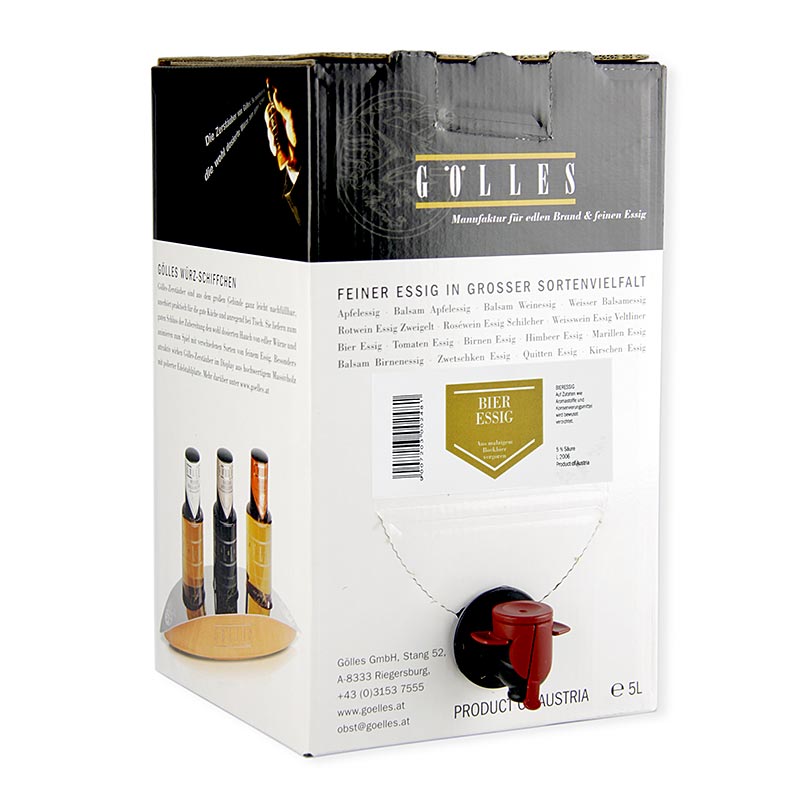 Grote fles Gölles bierazijn met een zuurgraad van 5% en een inhoud van 5 liter, perfect voor het maken van heerlijke dressings en marinades