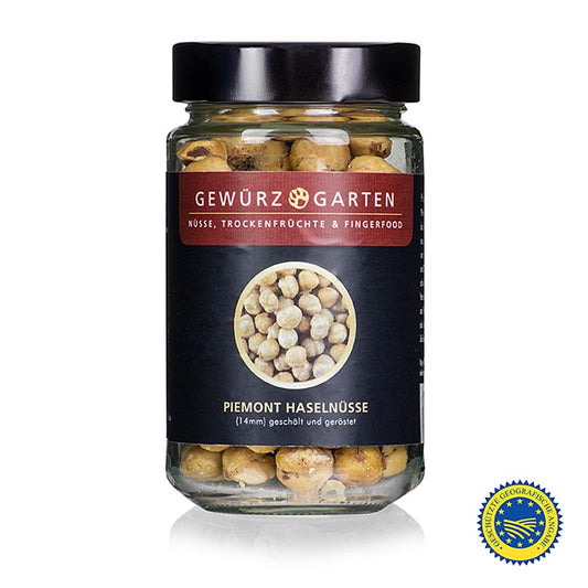 Verpakking van 110 g Gewürzgarten Hazelnoten Piemonte BGA, heel, gedopt en geroosterd, 14mm, met beschermde geografische aanduiding