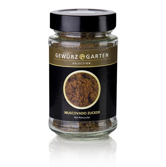 Gewürzgarten Muscovado suiker, ruwe rietsuiker met karamel & moutsmaak, 160 g - Productafbeelding van donkere suiker in een verpakking van 160 gram met een rijke karamel- en moutsmaak
