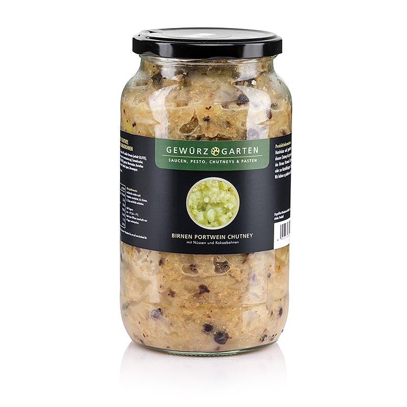 Glazen pot met 900 ml Gewürzgarten perenportchutney, een heerlijke combinatie van noten, gember en cacaobonen