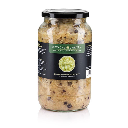 Glazen pot met 900 ml Gewürzgarten perenportchutney, een heerlijke combinatie van noten, gember en cacaobonen