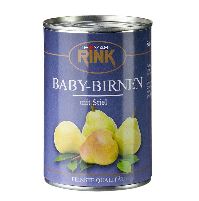 Babypeertjes, licht gesuikerd, met steeltje, ongeveer 7-9 stuks, 425 g - Een afbeelding van een verpakking met licht gesuikerde babypeertjes met steeltje, ongeveer 7-9 stuks, en een totaalgewicht van 425 g