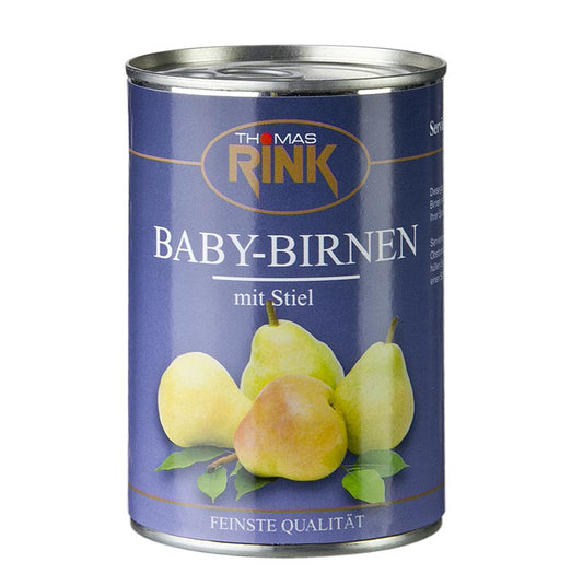 Babypeertjes, licht gesuikerd, met steeltje, ongeveer 7-9 stuks, 425 g - Een afbeelding van een verpakking met licht gesuikerde babypeertjes met steeltje, ongeveer 7-9 stuks, en een totaalgewicht van 425 g