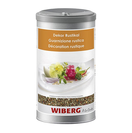 Foto van Wiberg decoratief rustiek, kruidenmix, 440 g verpakking op een houten tafel voor culinair gebruik