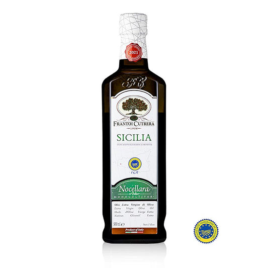 500 ml fles van Frantoi Cutrera IGP/PGI extra vierge olijfolie van eerste persing, gemaakt van 100% Nocellara del Belice