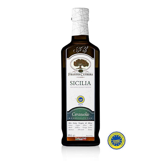 500 ml fles van Frantoi Cutrera IGP/PGI extra vierge olijfolie van eerste persing, gemaakt van 100% Cerasuola olijven