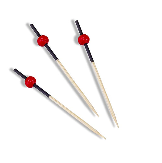 Bamboespiesjes, met zwart gekleurd uiteinde en rode bol, 7 cm, 100 stuks